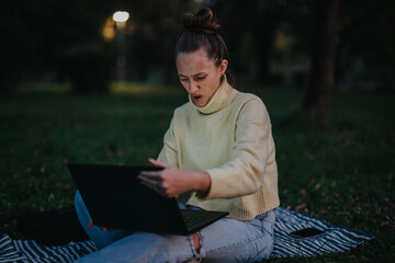 A young girl sitting on a blanket outdoors, expressing frustration while using her laptop during an evening setting. The scene conveys emotions like annoyance and challenges in technology or work.