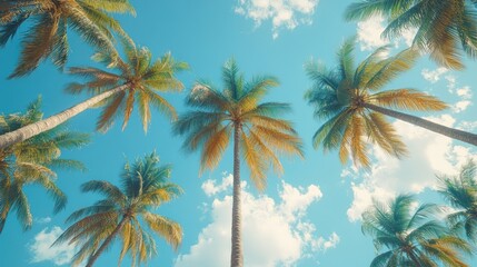Low-angle view of palm trees against a sunny sky.