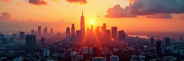 Fototapeta premium Golden hour hues paint skyscrapers, city thrives below, skyline, success