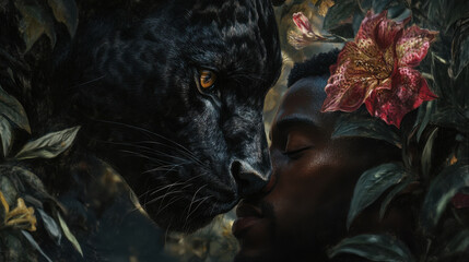 Obraz premium An artistic fusion of a fierce black panther and a man's face, seamlessly integrated with lush botanical elements, deep contrast between shadows and highlights