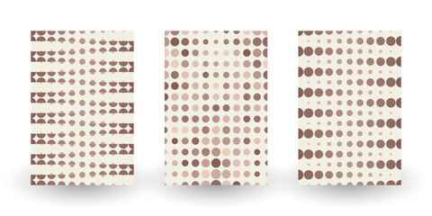 Geometric posters collection in brown and beige colors. Retro halftone backgrounds with dots and circles in coffee color scheme. Minimalist pop art posters. Abstract background set