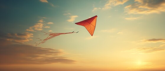 A lone kite with a long tail dances amidst a golden sky, evoking a sense of freedom and whimsy at twilight.