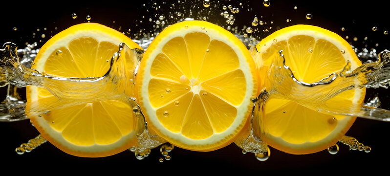 slices of yellow lemon with very clear details of water droplets, ai generative