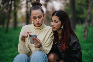 Two young women seated on grass in a park, closely looking at a phone screen, discussing its...