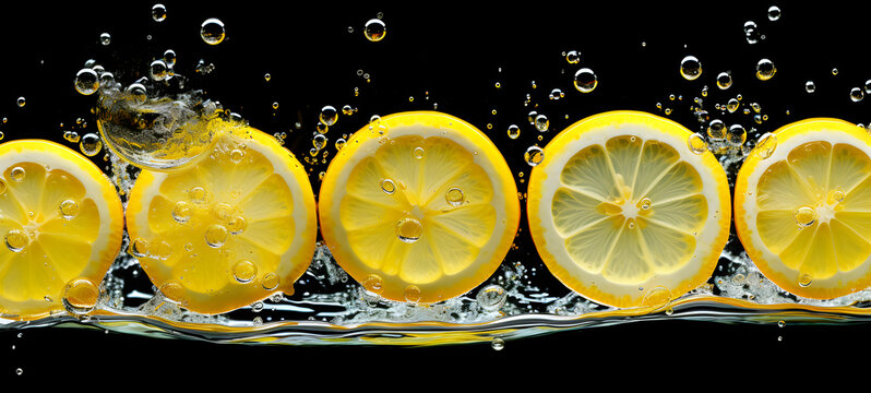 slices of yellow lemon with very clear details of water droplets, ai generative