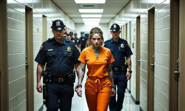 A tattooed female prisoner walks escorted by several police officers