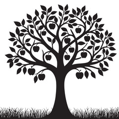 Obraz premium Silhouette of an Apple Tree: A detailed, symmetrical silhouette of an apple tree laden with ripe fruit, its branches and leaves elegantly rendered, standing strong against the backdrop