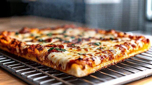 Delicious rectangular pizza with melted cheese and fresh basil topped on a cooling rack