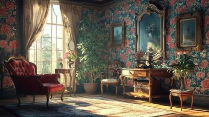 Fototapeta premium Classic Victorian home, antique furniture, floral wallpaper, 3D illustration