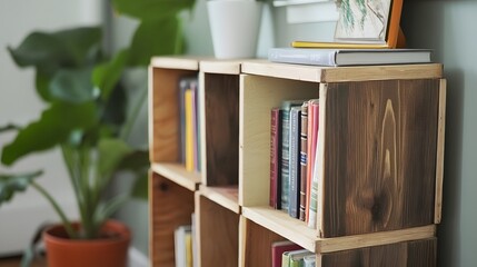 A budget-friendly, DIY bookshelf with a simple wood finish, narrow shelving, and modular assembly, perfect for smaller spaces and practical storage needs