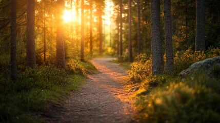 Fototapeta premium Golden sunlight illuminates a tranquil forest path, evoking peace and natural harmony.