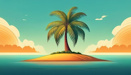 Obraz premium Flat, minimalist illustration of a single palm tree on a tiny tropical island, surrounded by sand and water, simple shapes and bright, cheerful colors.
