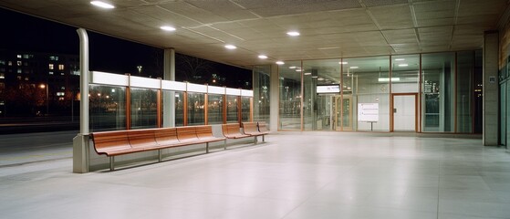 A deserted, modern bus stop at night, lit softly, conveying solitude and the quietly urban passage of time.