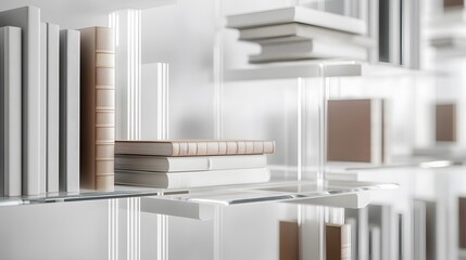 A modular, DIY bookshelf made of matte white metal and glass, with adjustable shelf spacing, ergonomic design for easy access to books