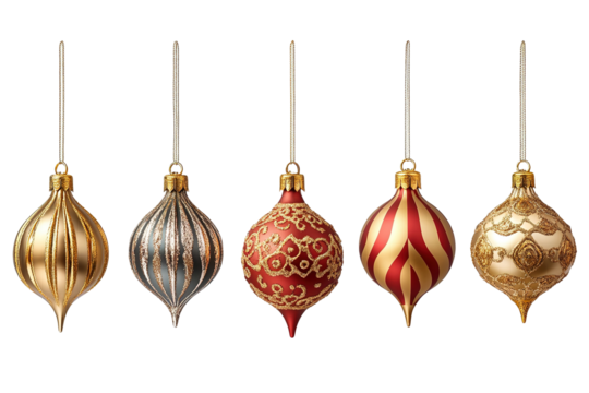 A collection of five different shaped glass ornaments hanging from a string. ,on transparent background.