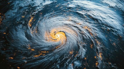 Planet Warming Signs Eco Disaster Warning A captivating aerial view of a swirling hurricane showcasing the power of nature over oceanic waters.