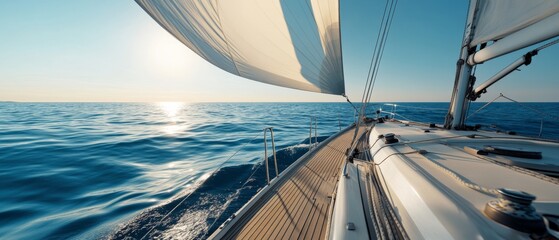 Fototapeta premium A sleek sailboat glides smoothly through the sunlit ocean, with sails billowing against a clear blue sky.