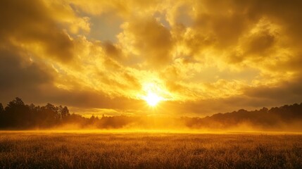 Sunrise over Misty Field with Golden Sky and Dramatic Clouds in the Early Morning Light
