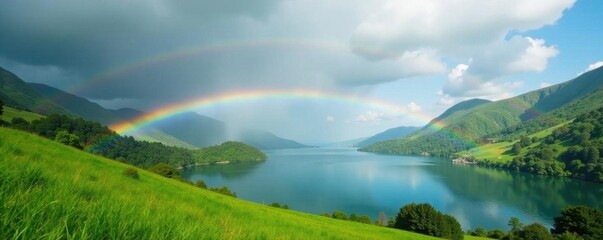 Rainbow arching over vibrant green hills and tranquil lake, sky, clouds