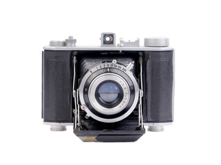 vintage folding camera on white background
