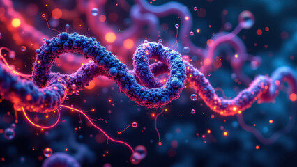 A captivating digital rendering of a twisted double helix DNA molecule with glowing orbs floating around, symbolizing molecular genetics and science.