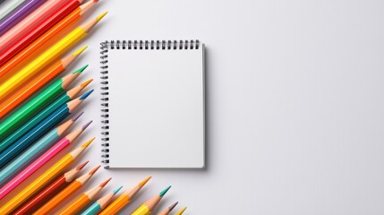 Colorful pencils arranged around a blank sketchbook