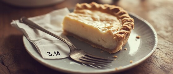 A delectable slice of pie on a plate, with a fork and a napkin marked "3.14," hinting at a playful nod to Pi Day.