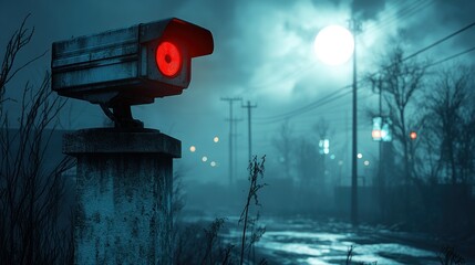Night scene; security camera, red light glows, desolate road, moody atmosphere