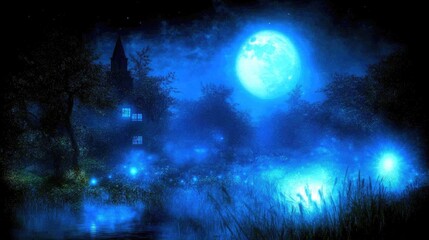 Obraz premium Moonlight night house near water, surrounded by glowing lights, trees, stars and dark sky