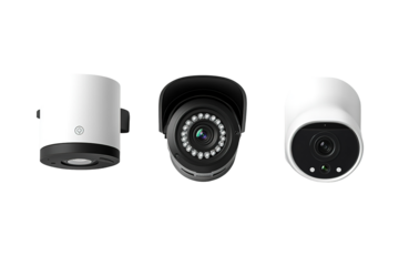 Three security cameras are lined up in a row. ,on transparent background.