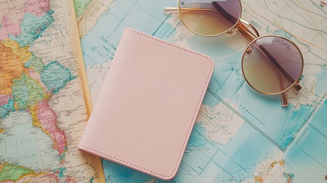 A flat lay of travel essentials: a pastel passport cover, sunglasses, and a map. digital - Powered by Adobe