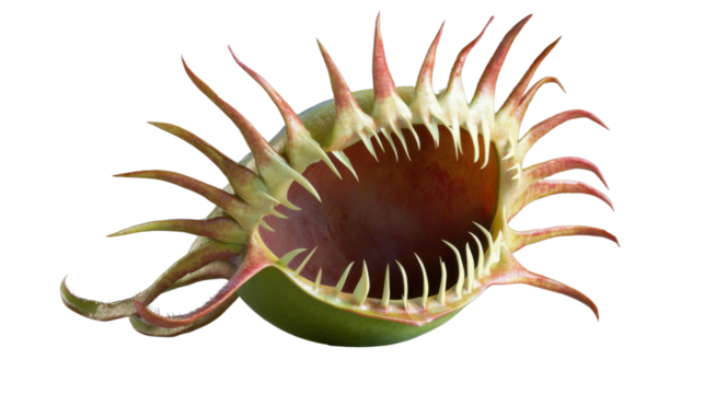 Carnivorous plant opening its mouth showing sharp teeth on transparent background
