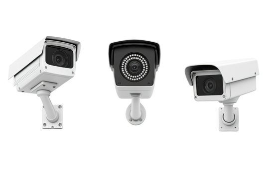 Three security cameras are lined up in a row. ,on transparent background.