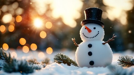 Obraz premium Cheerful Snowman in a Winter Wonderland with Sparkling Bokeh Lights and Snowy Background