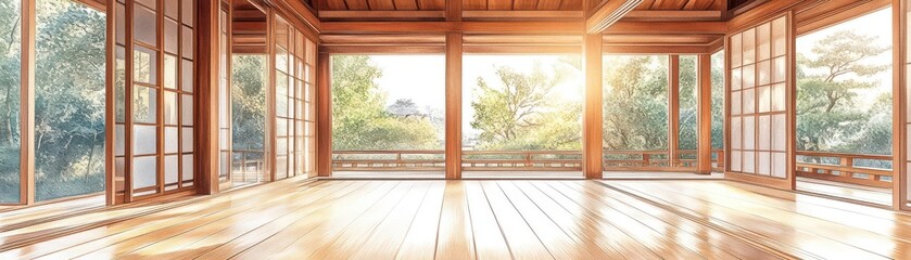 Obraz premium Traditional tatami room, wooden interior, peaceful atmosphere, soft light, watercolor style