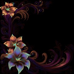 Abstract border frame of flowers in the corner of the image with space for text, blur and fade