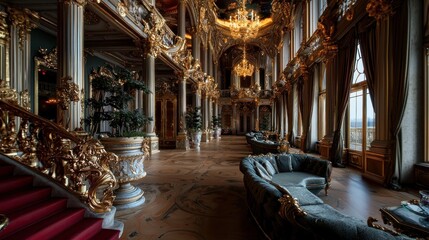 Ornate Palace Hallway with Seating Area and City View