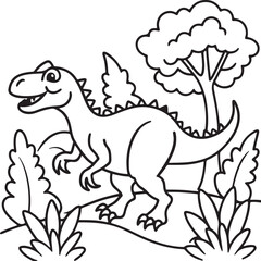 Naklejka premium A coloring page featuring a dinosaur sprinting in a lush jungle, suitable for kids