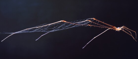 A delicate, intricate spider-web-like structure glows against a dark backdrop, highlighting the elegance and fragility of nature's designs.