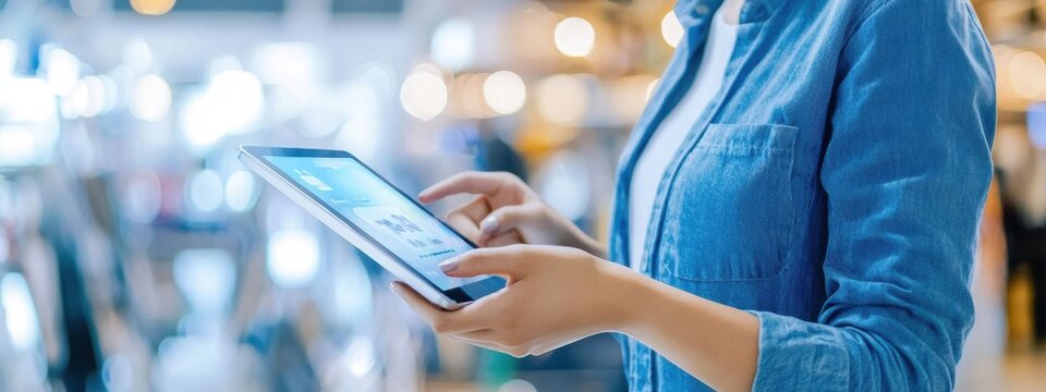 Woman Using Digital Tablet in a Shopping Environment with Bokeh