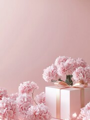 Pink Flower Bouquet on Gift Box with Elegant Ribbon Decoration, Mother Day Background