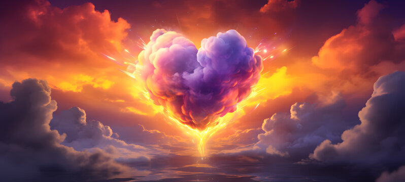 a flaming colorful heart shaped clouds, ai generative