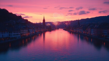 Naklejka premium Pink sunset over river town with fireworks