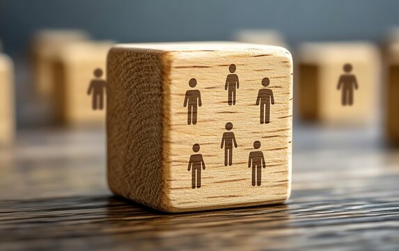 Wooden block with the word recruit and human icons around it, representing the process of hiring, talent acquisition, and workforce development