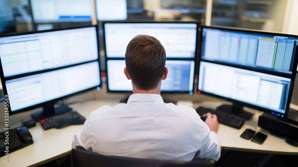 Poster business professional analyzing data on multiple computer monitors