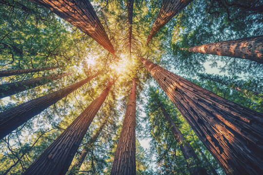 Majestic tall redwood trees reaching skyward with sunlight shining through green forest canopy in summer morning
