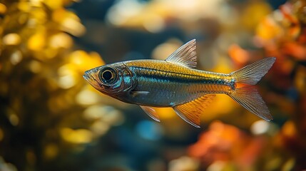 Fototapeta premium Close-up of a colorful fish with iridescent scales, swimming gracefully in a brightly lit freshwater aquarium against a blurred background.