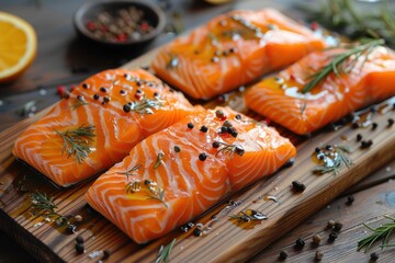 Fresh salmon fish fillet on wooden board.