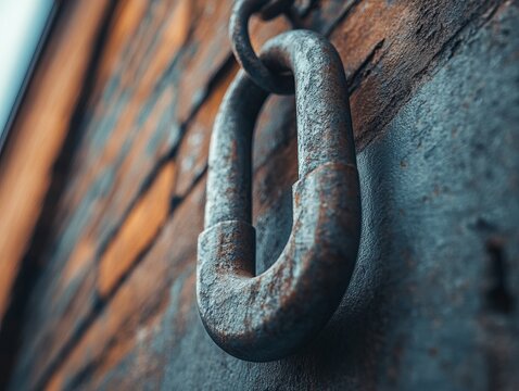 Close-Up of Rusty Metal Chain Link Against Textured Wooden Background
