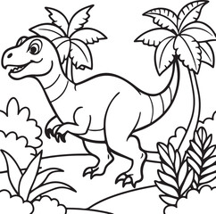 Fototapeta premium A coloring page featuring a dinosaur sprinting in a lush jungle, suitable for kids